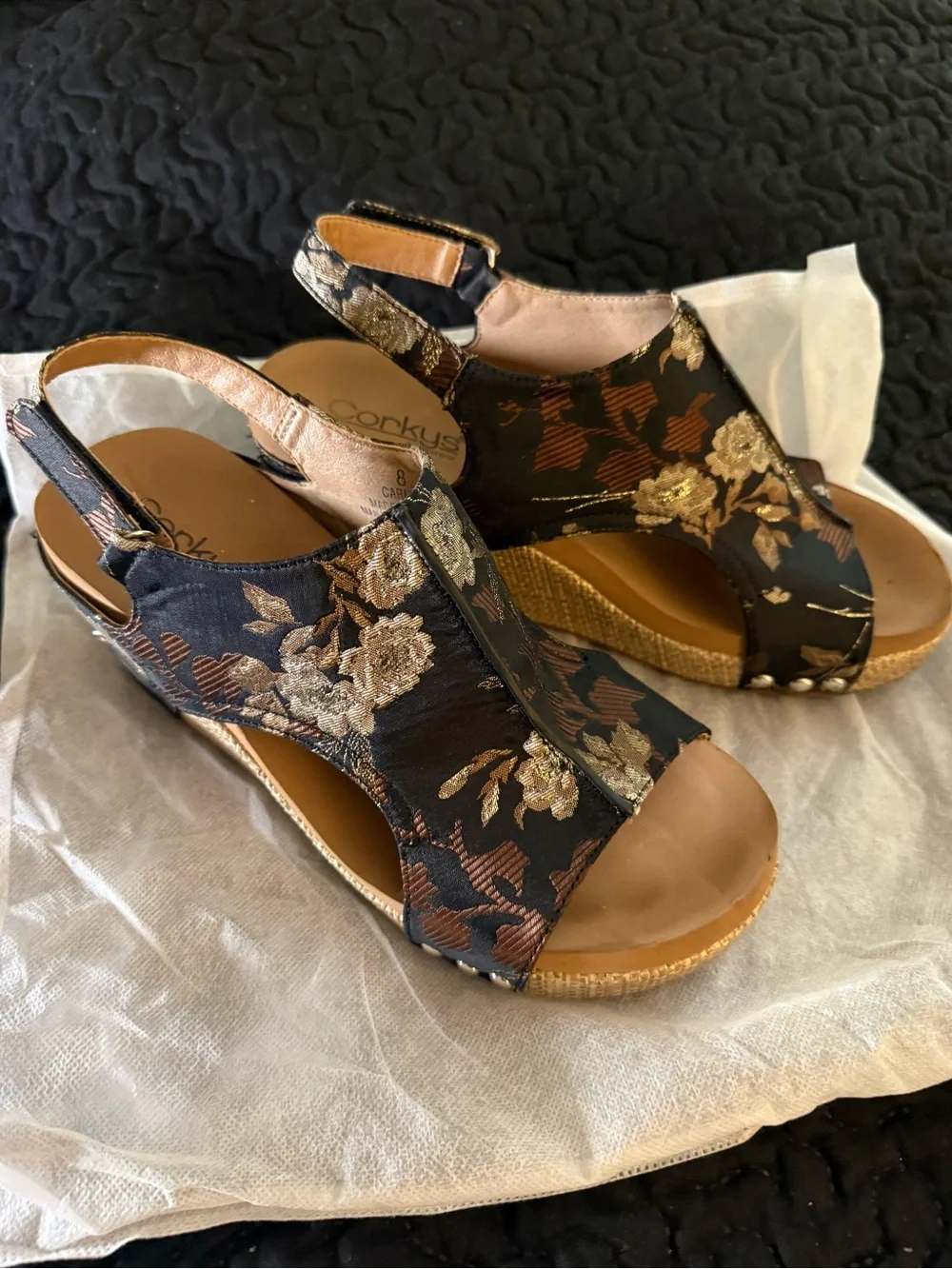 Corkys Black Floral Embroidered Slingback Wedge Sandals